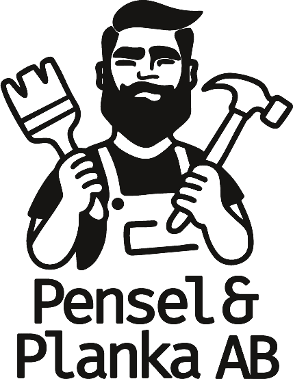 Pensel & Planka AB:s logotyp: en skäggig hantverkare med pensel och hammare
